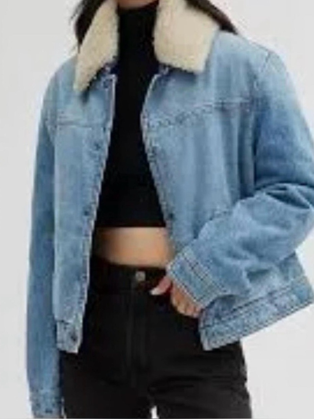 Coach Light Blue Denim Jacket with Cream Sherpa Collar - Womens